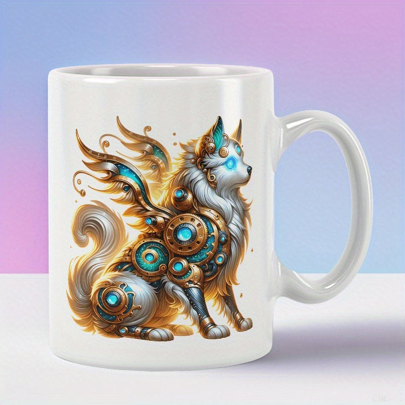 Tailorly White Ceramic 11 oz Mug - Majestic Steampunk Creature With Golden Wings And Mechanical Gear Details Wolf