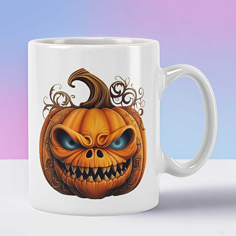 Tailorly White Ceramic 11 oz Mug - Spooky Halloween Jack O Lantern With Swirling Patterns And Sharp Teeth Pumpkin