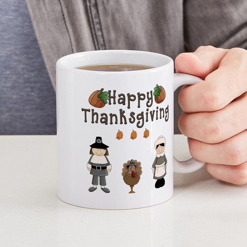 Tailorly White Ceramic 11 oz Mug - Happy Thanksgiving Cute Cartoon Pilgrims And Turkey Celebrating With Small Scattered Acorns Turkey
