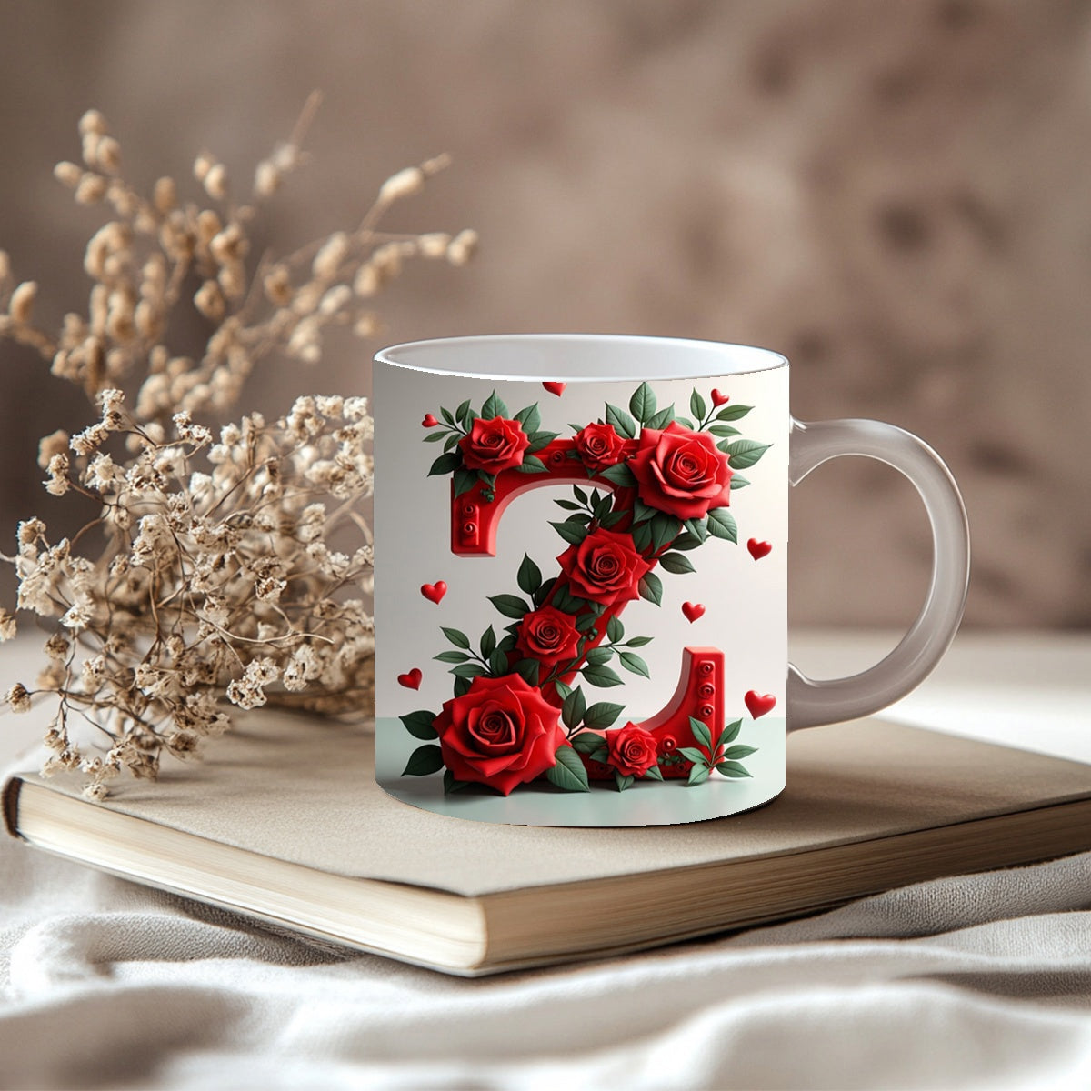 Tailorly White Ceramic 11 oz Mug - Elegant Red Roses Blooming Around A Majestic Letter Z Amidst Tiny Hearts Letter