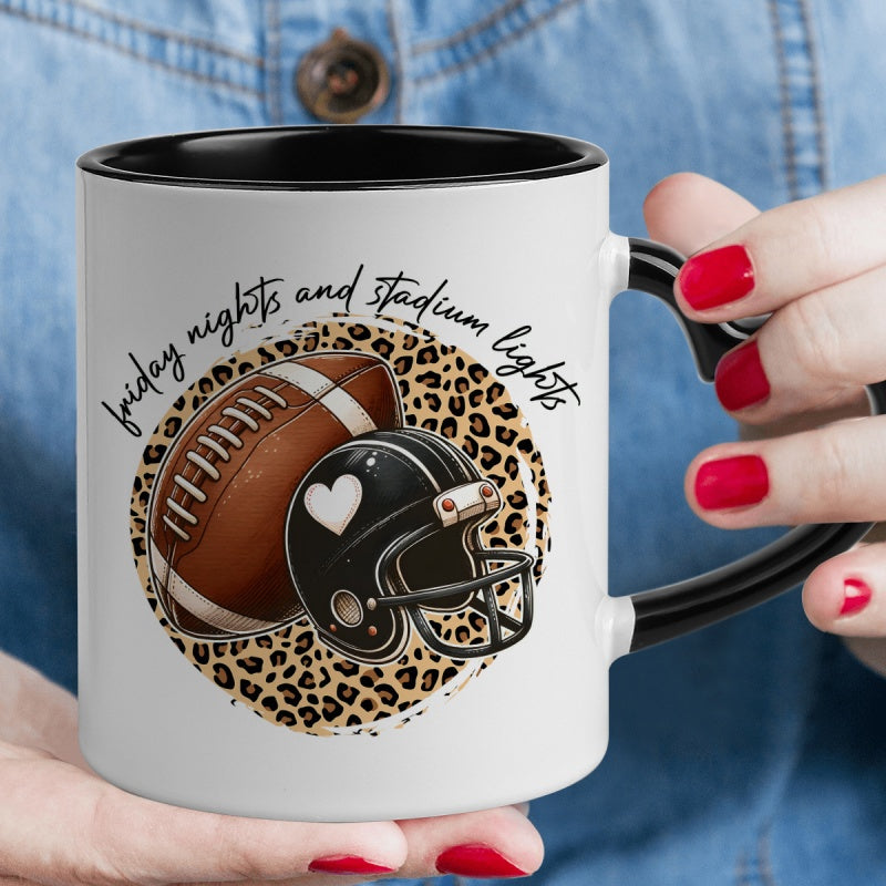 Tailorly Black Accent 11 oz Mug - heart shaped handle football helmet leopard print brown football team