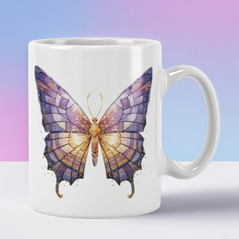 Tailorly White Ceramic 11 oz Mug - Elegant Watercolor Wings With Purple And Golden Geometric Pattern Butterfly