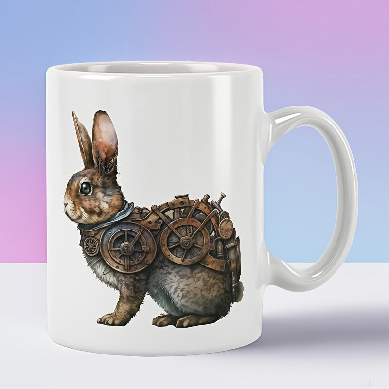 Tailorly White Ceramic 11 oz Mug - Mechanical Copper Gears Adorning A Small Brown Furry Steampunk Style Rabbit