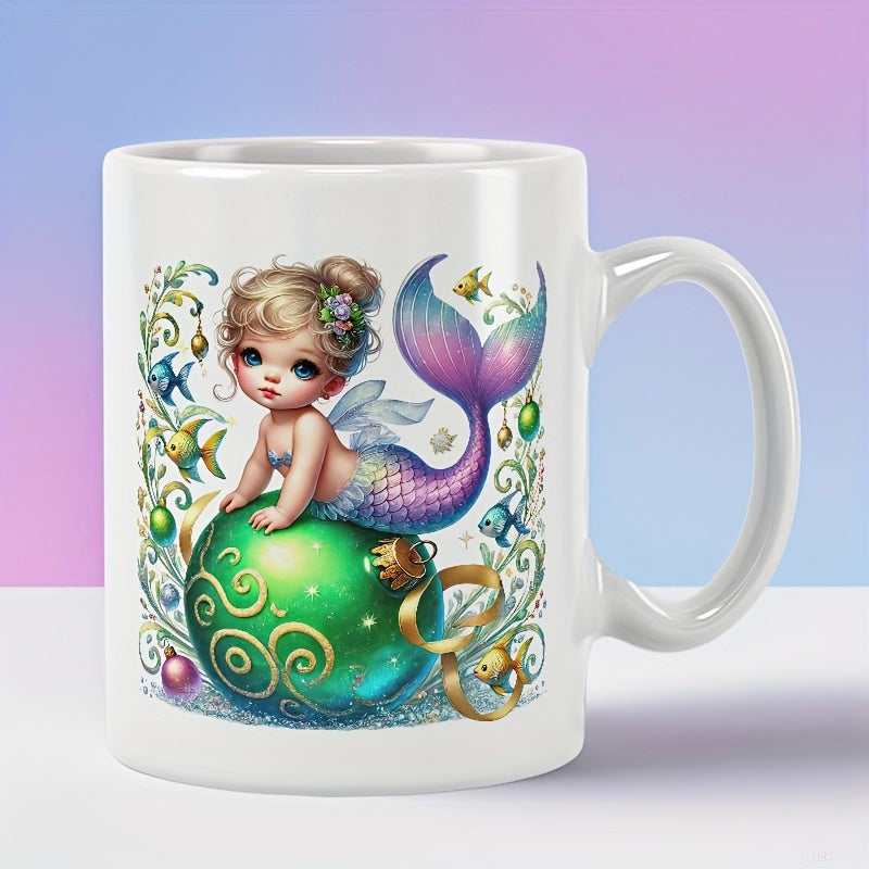 Tailorly White Ceramic 11 oz Mug - Adorable Blonde Baby Sitting On Festive Green Christmas Ornament With Fish Mermaid