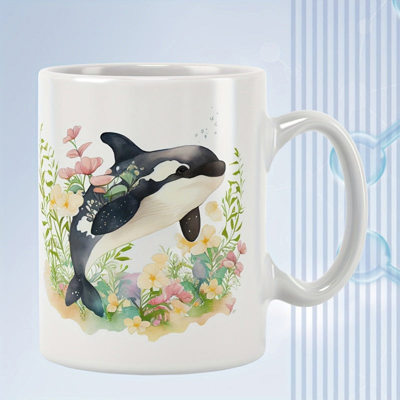 Tailorly White Ceramic 11 oz Mug - Soft Watercolor Orca Swimming Among Delicate Blooming Flowers And Greenery Whale