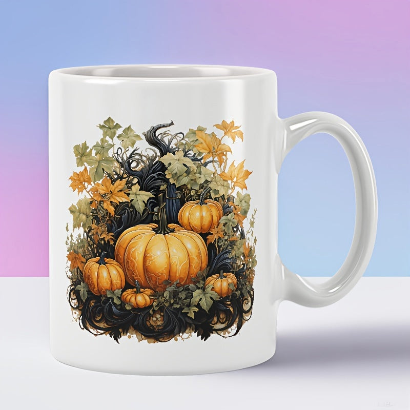 Tailorly White Ceramic 11 oz Mug - Rustic Autumn Harvest With Golden Leaves And Vines Surrounding Multiple Pumpkin