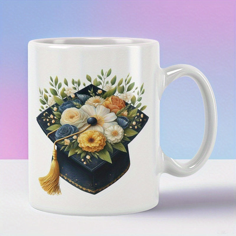 Tailorly White Ceramic 11 oz Mug - Elegant Graduation Cap Adorned With Vibrant Blossoms And Lush Green Leaves Mortarboard