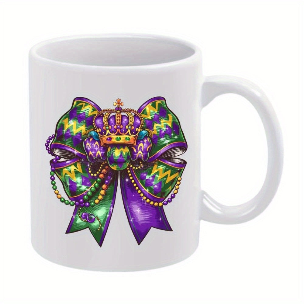 Tailorly White Ceramic 11 oz Mug - Vibrant Purple And Green Ribbon Featuring Royal Golden Crown And Beads Bow