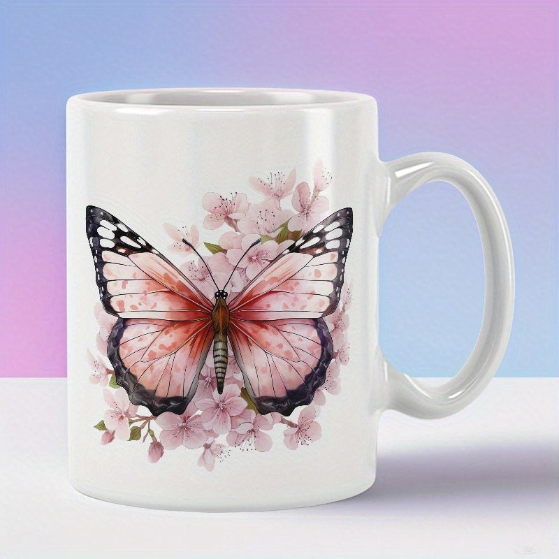 Tailorly White Ceramic 11 oz Mug - Delicate Pink Wings Resting Among Soft Blooming Spring Cherry Blossoms Butterfly