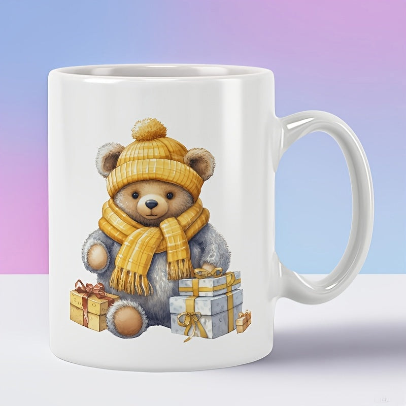 Tailorly White Ceramic 11 oz Mug - Adorable Fluffy Sitting Teddy Wearing Yellow Knitted Hat And Scarf With Presents Bear