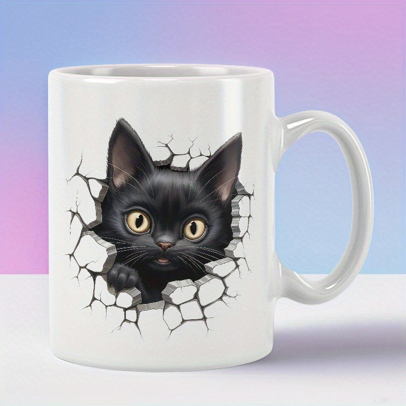 Tailorly White Ceramic 11 oz Mug - Charming Black Kitten Peeking Through A Realistic Cracked White Stone Wall Cat