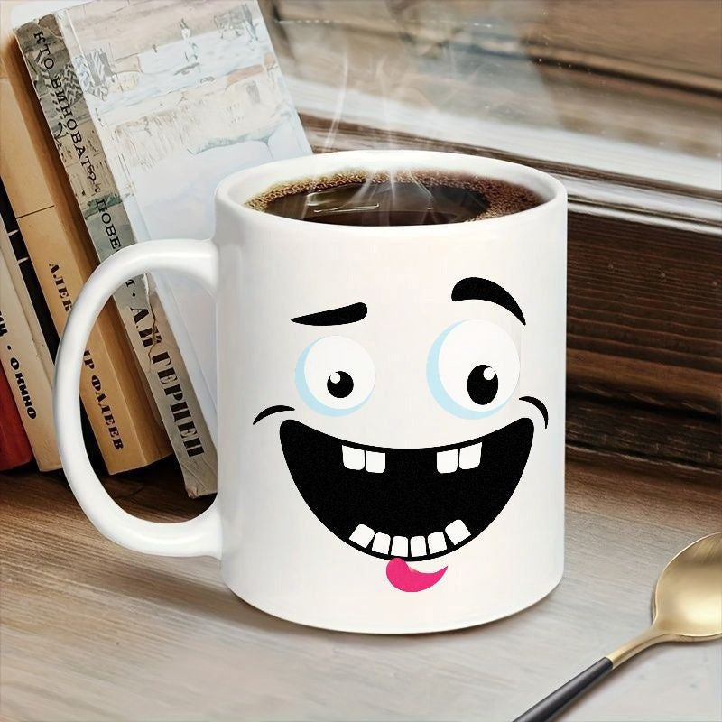 Tailorly White Ceramic 11 oz Mug - Funny Cartoon Face With Big Eyes And A Wide Happy Smile Mug