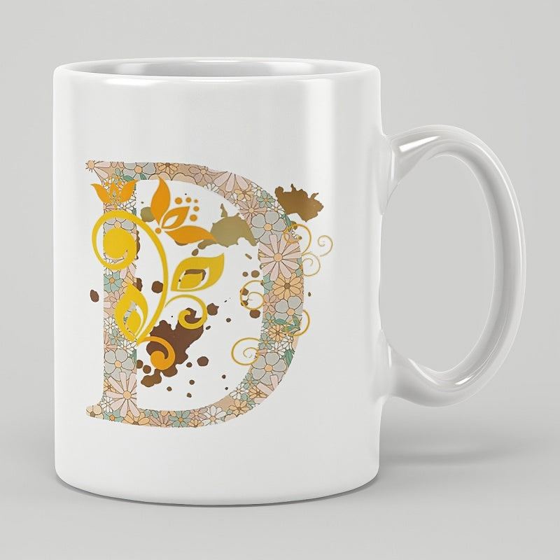 Tailorly White Ceramic 11 oz Mug - D Elegant Floral Patterns With Autumn Leaves Entwined Around A Vintage Style Letter