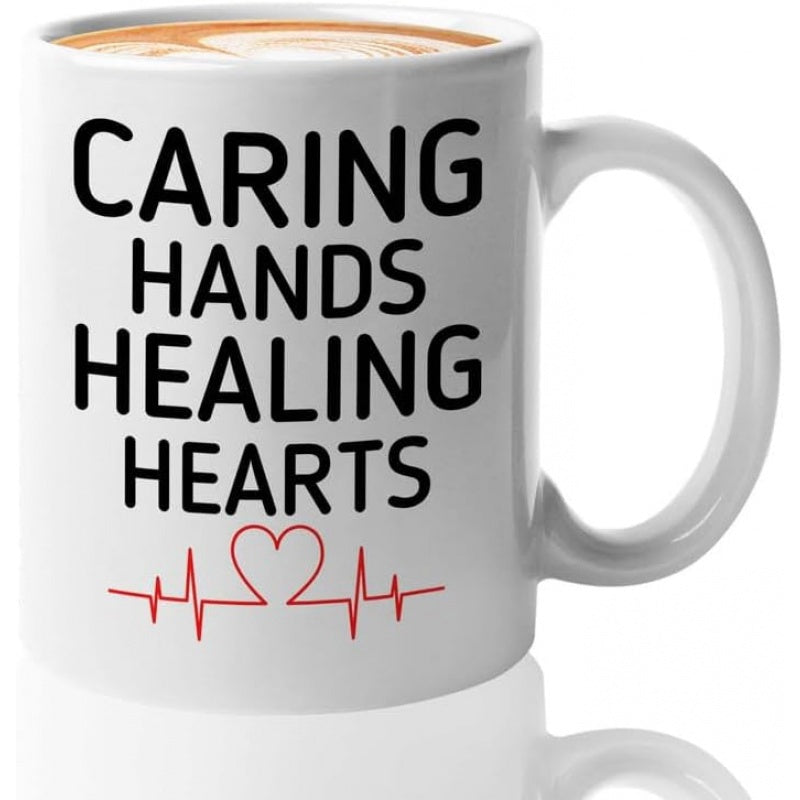 Tailorly White Ceramic 11 oz Mug - Caring Hands Healing Hearts Minimalist Medical Heartbeat Line With Vibrant Red Symbolic Nursing Hearts
