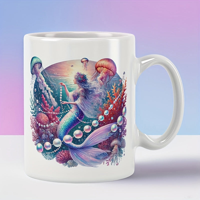 Tailorly White Ceramic 11 oz Mug - Enchanting Underwater Scene With Colorful Jellyfish And Elegant Pearl Strands Radiant Mermaid