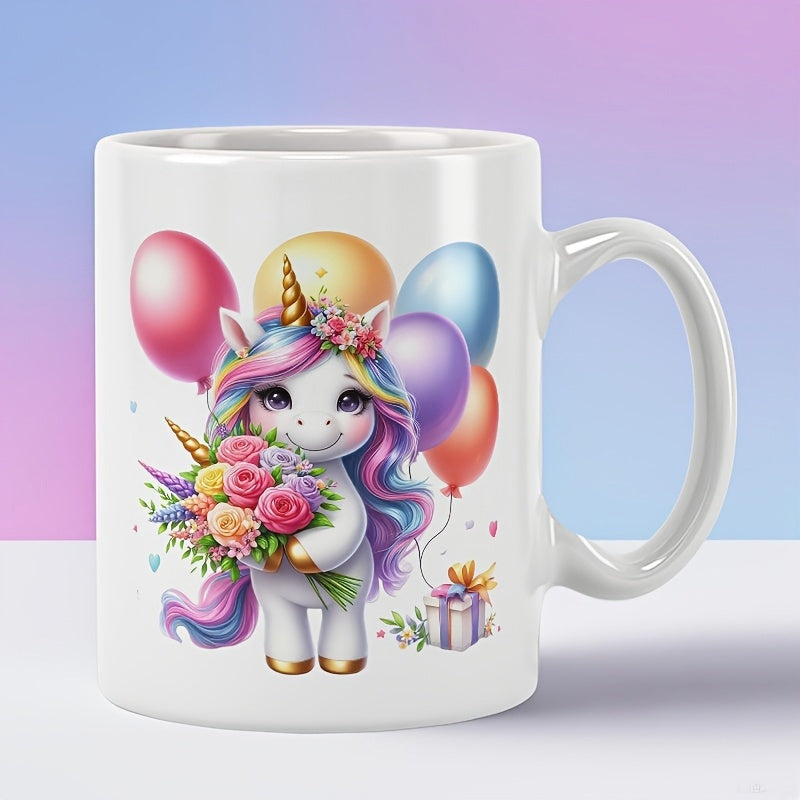 Tailorly White Ceramic 11 oz Mug - Adorable Magical Creature Holding Flower Bouquet Surrounded By Colorful Floating Balloons Unicorn