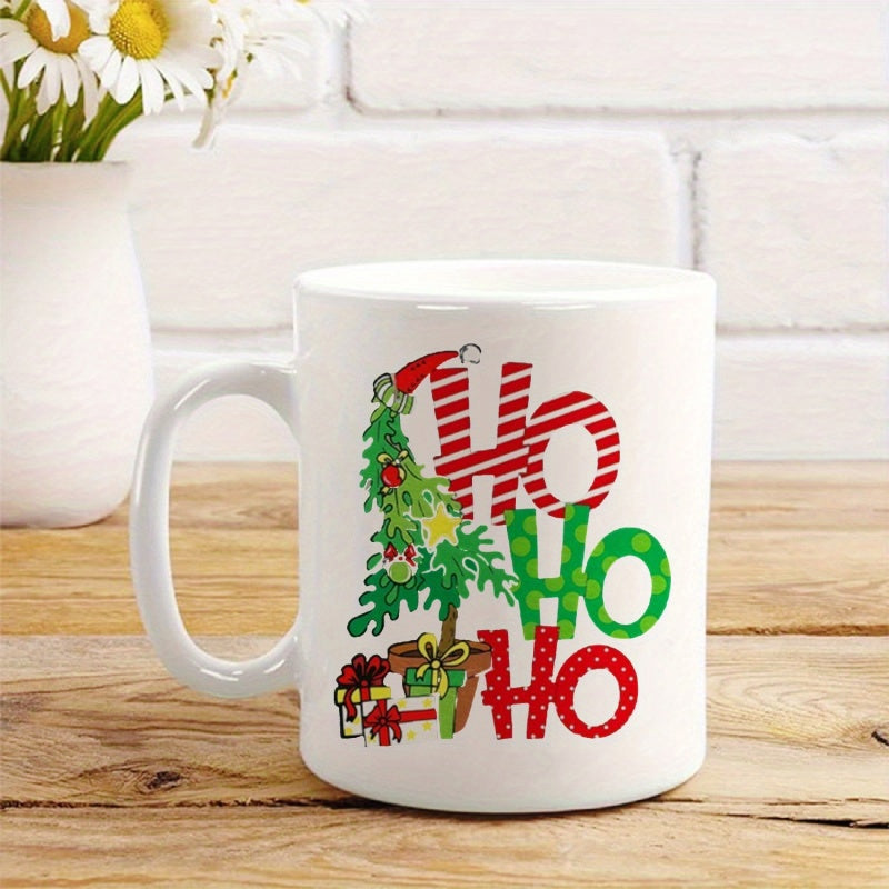 Tailorly White Ceramic 11 oz Mug - Ho Ho Ho Festive Evergreen Decorated With Bright Ornaments And A Santa Hat Christmas Tree