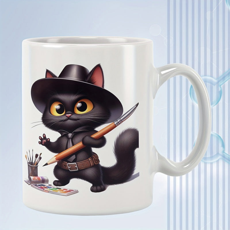 Tailorly White Ceramic 11 oz Mug - Adorable Little Cartoon Artist Wearing Stylish Fedora Holding Large Wooden Paintbrush Cat