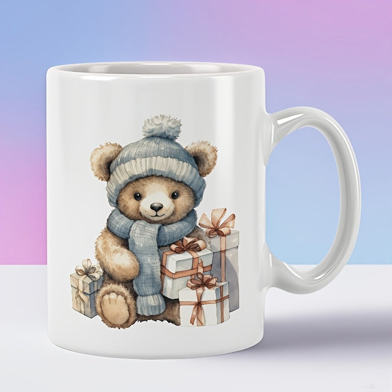 Tailorly White Ceramic 11 oz Mug - Adorable Fluffy Hand Painted Winter Teddy With Scarf And Wrapped Present Bear