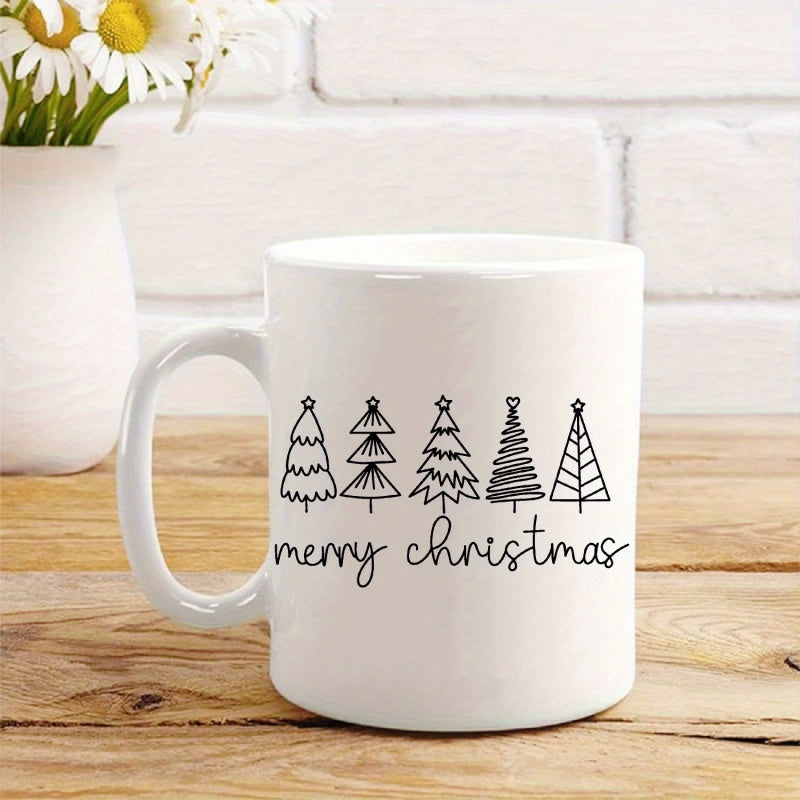 Tailorly White Ceramic 11 oz Mug - Merry Christmas Minimalist Hand Drawn Line Art Black Holiday Evergreens In A Row Tree