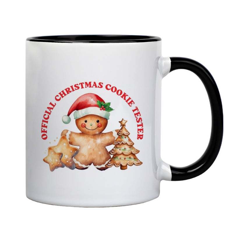 Tailorly Black Accent 11 oz Mug - gingerbread men snowy Christmas cookie tester