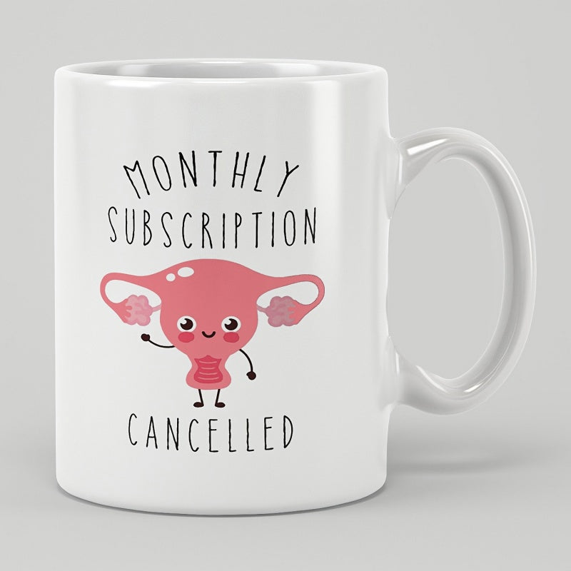 Tailorly White Ceramic 11 oz Mug - Monthly Subscription Cancelled Cute Pink Smiling Cartoon Character Featuring Small Hands And Feet Uterus