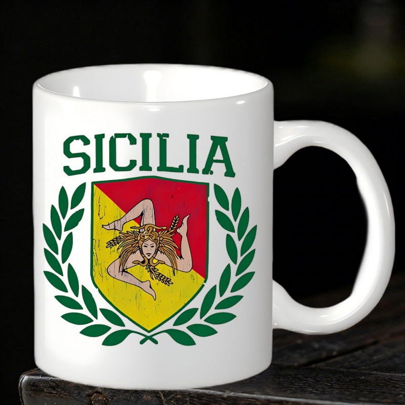 Tailorly White Ceramic 11 oz Mug - Sicilia Traditional Regional Flag Symbol Within A Shield Framed By Laurel Wreath Emblem