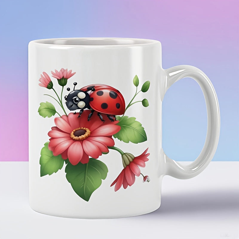 Tailorly White Ceramic 11 oz Mug - Cute Red Spotted Insect Resting On Blooming Pink Petals Garden Ladybug
