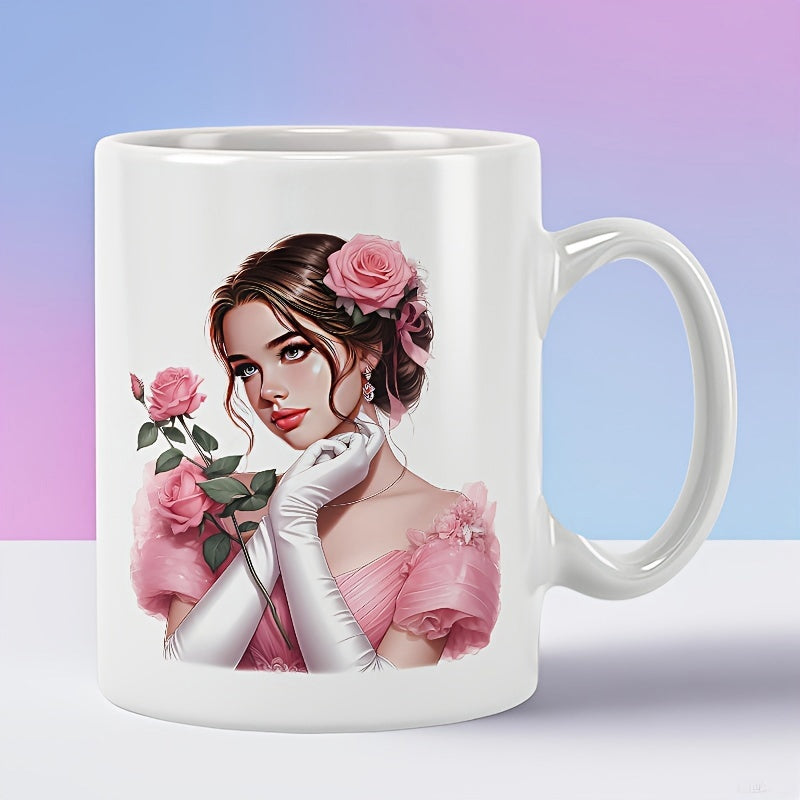 Tailorly White Ceramic 11 oz Mug - Elegant Young Lady Wearing White Gloves Holding Soft Blooming Pink Rose Woman