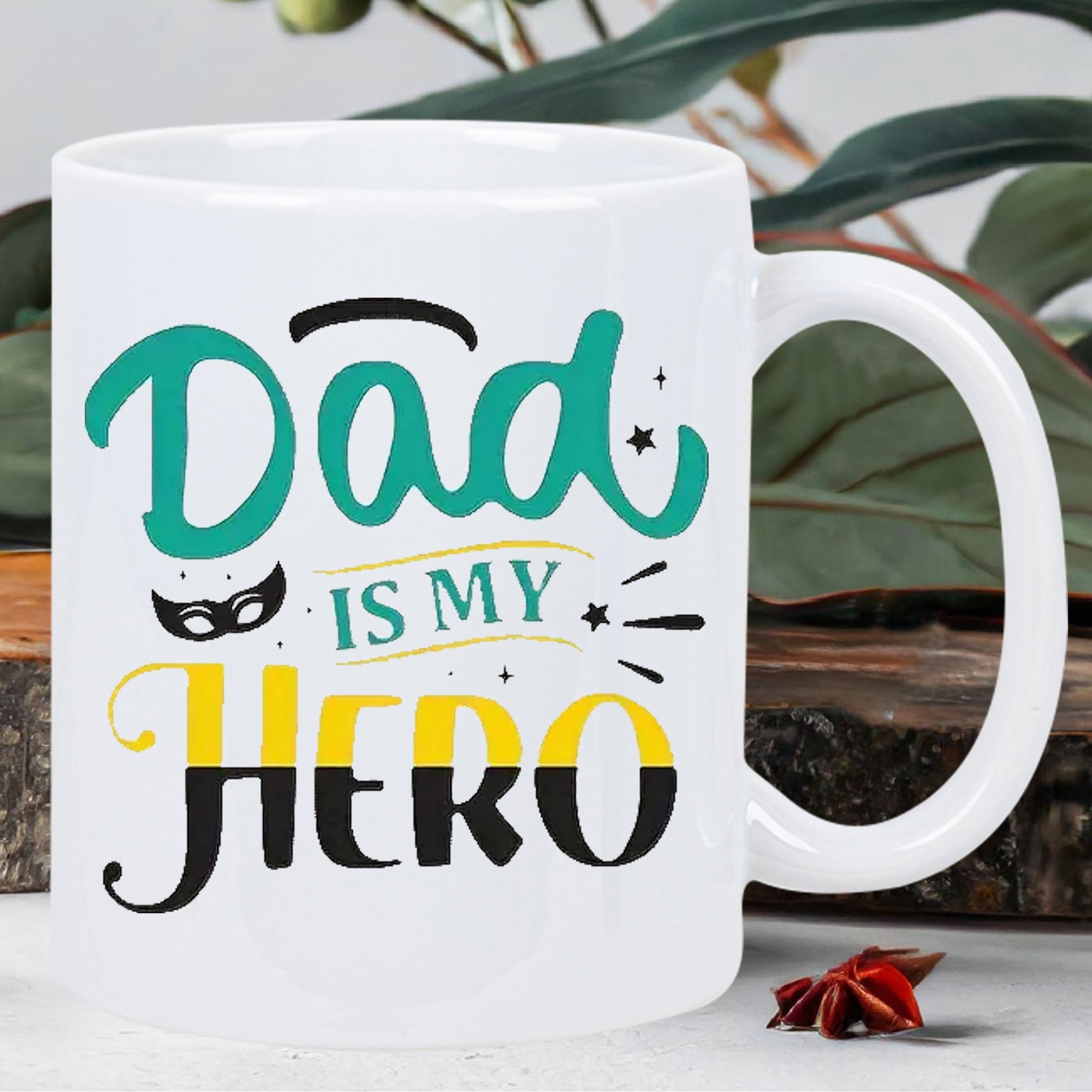 Tailorly White Ceramic 11 oz Mug - Dad Is My Hero Featuring A Superhero Mask With Decorative Stars And Artistic Swashes Mug