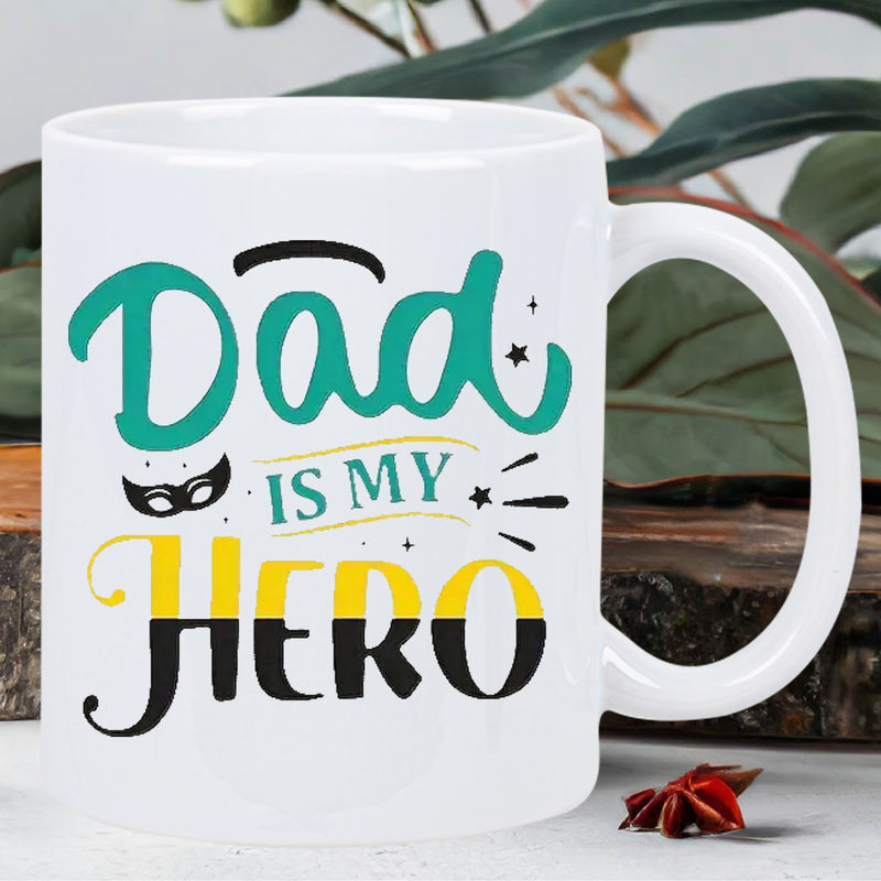 Tailorly White Ceramic 11 oz Mug - Dad Is My Hero Featuring A Superhero Mask With Decorative Stars And Artistic Swashes Mug