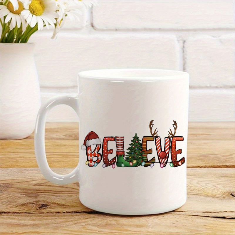 Tailorly White Ceramic 11 oz Mug - Believe Festive Christmas Pattern With Santa Hat Tree And Reindeer Antlers Mug