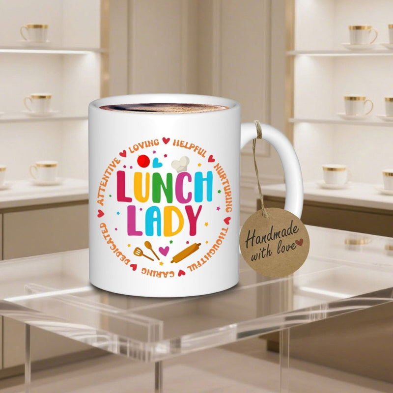 Tailorly White Ceramic 11 oz Mug - Lunch Lady Handmade Love Colorful Text Surrounded By Kitchen Tools And Hearts On