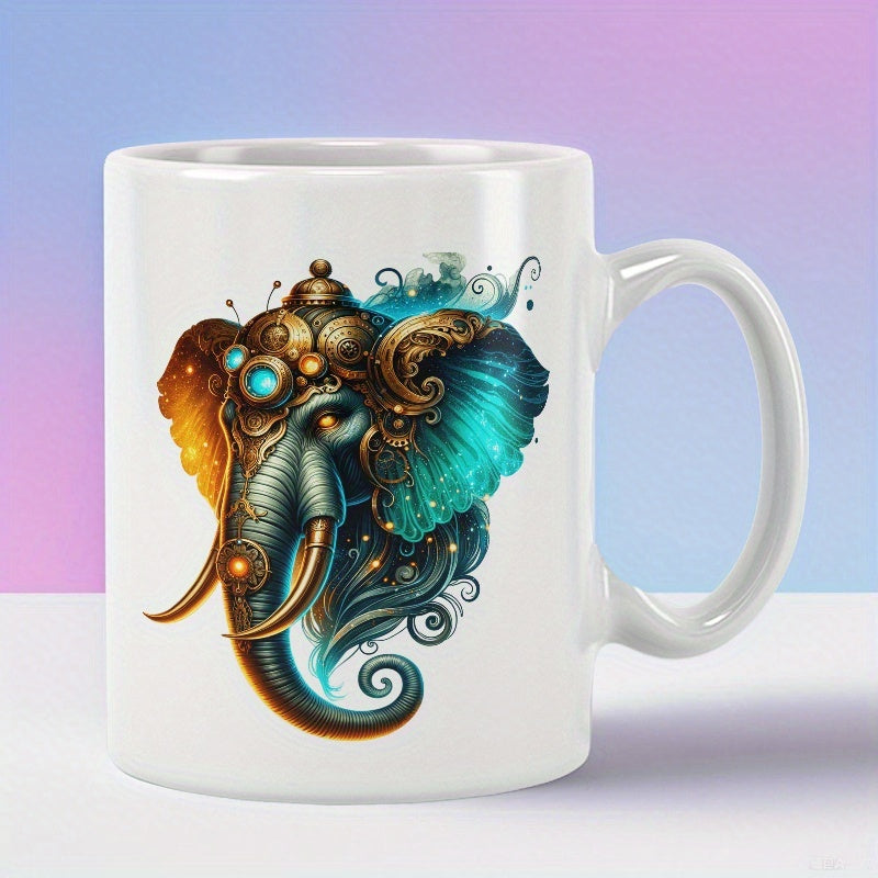 Tailorly White Ceramic 11 oz Mug - Intricate Golden Steampunk Head With Glowing Teal Ears And Ornate Details Elephant