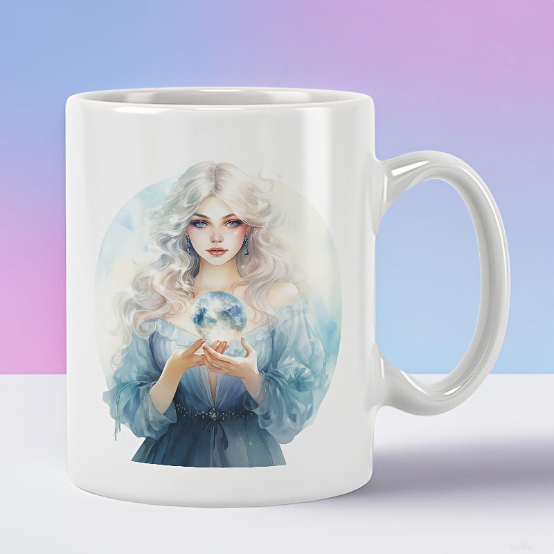 Tailorly White Ceramic 11 oz Mug - Mystical Silver Haired Lady Holding A Radiant Glowing Crystal Ball Woman