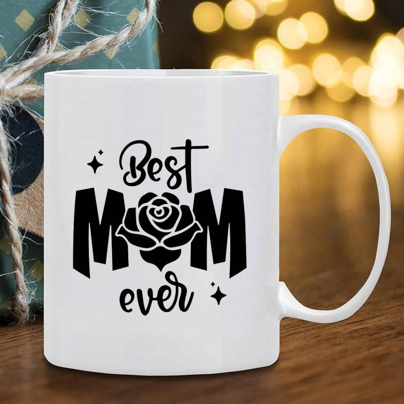 Tailorly White Ceramic 11 oz Mug - Best Mom Ever Elegant Floral Rose Centered Between Bold Letters With Twinkling Sparkles Decorative Rose