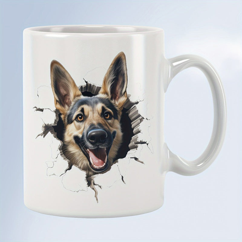 Tailorly White Ceramic 11 oz Mug - Realistic Alert Canine Bursting Through A Cracked White Surface German Shepherd