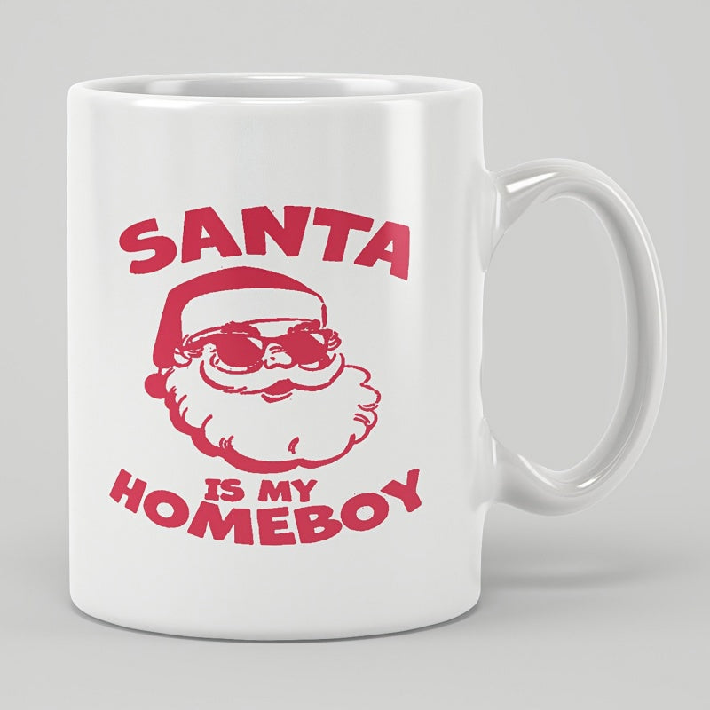 Tailorly White Ceramic 11 oz Mug - Santa Is My Homeboy Red Outlined Graphic Of Father Christmas Wearing Sunglasses Santa