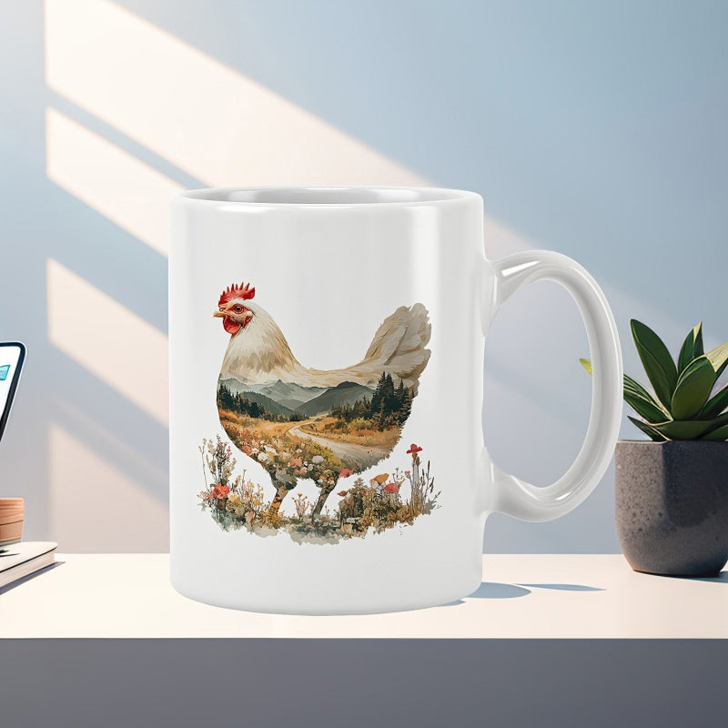 Tailorly White Ceramic 11 oz Mug - Countryside Landscape With Scenic Mountains Inside A Rustic Farmhouse Chicken