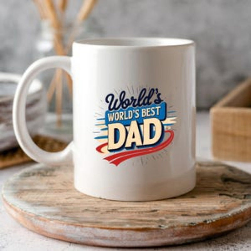 Tailorly White Ceramic 11 oz Mug - Worlds Worlds Best Dad Classic Retro Banner With Vibrant Colors And Artistic Typography Celebrating Greatest Dad