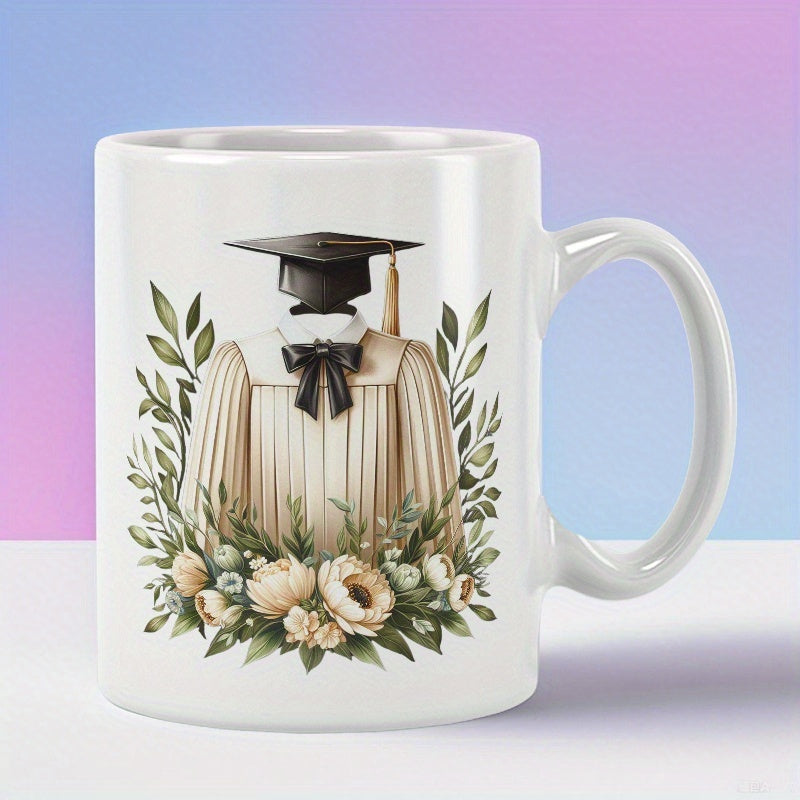 Tailorly White Ceramic 11 oz Mug - Elegant Graduation Cap On A Gown Surrounded By Lush Floral Leaves Gown