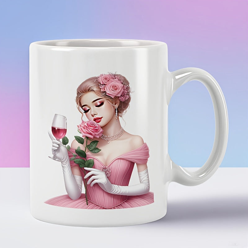 Tailorly White Ceramic 11 oz Mug - Elegant Graceful Lady In Pink Gown Holding Rose And Wine Glass Woman