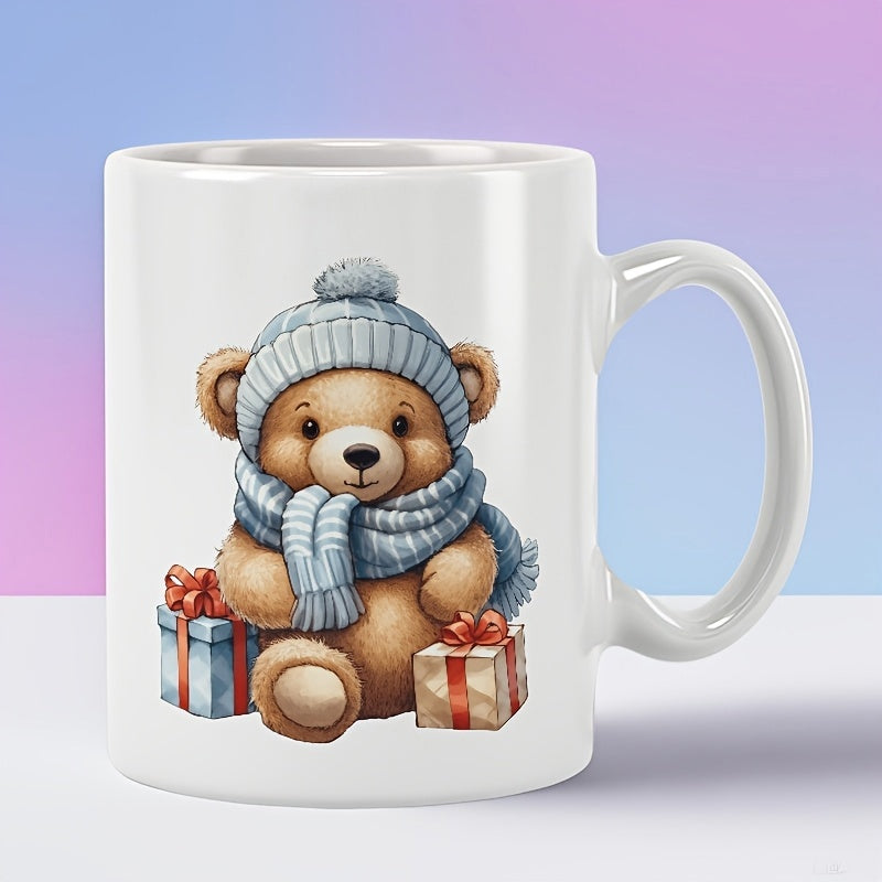 Tailorly White Ceramic 11 oz Mug - Adorable Fluffy Teddy Bear Wearing Blue Winter Hat And Scarf Among Gifts Bear