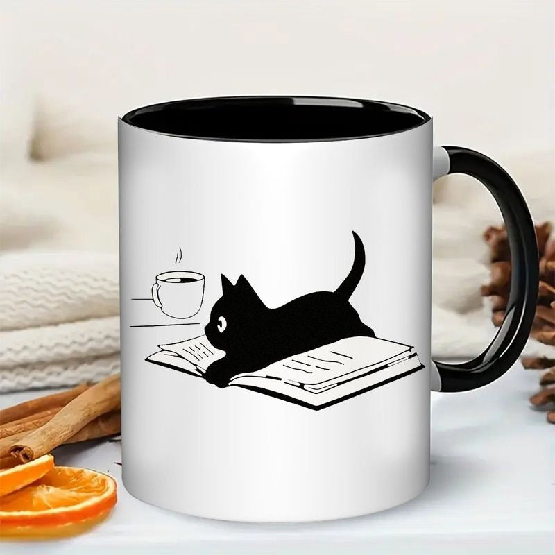 Tailorly Black Accent 11 oz Mug - cute black cat reading book