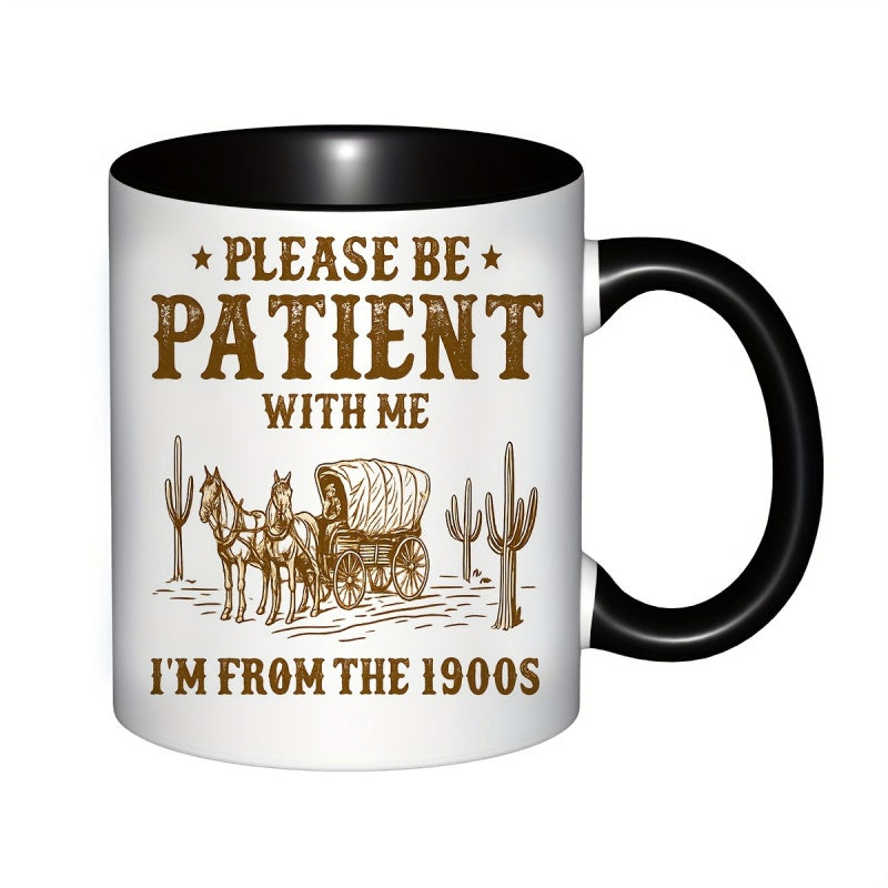 Tailorly Black Accent 11 oz Mug - please with me im from the 1900s vintage western cowboy carriage and cactus design