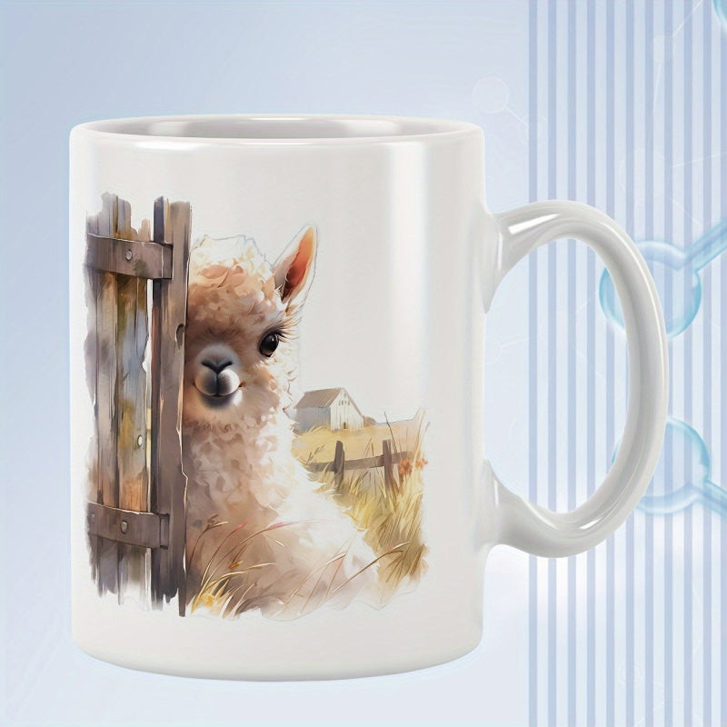 Tailorly White Ceramic 11 oz Mug - Cute Fluffy Baby Peeking Behind Rustic Fence In Farm Scene Alpaca
