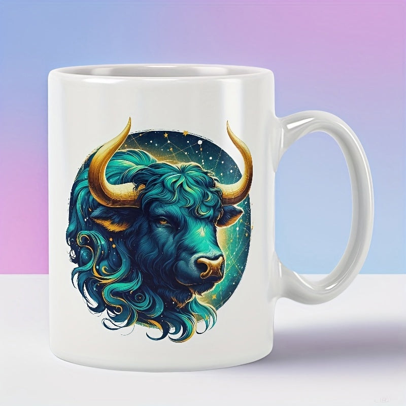 Tailorly White Ceramic 11 oz Mug - Mythical Turquoise Beast Featuring Golden Horns Among Glimmering Cosmic Stars Bull