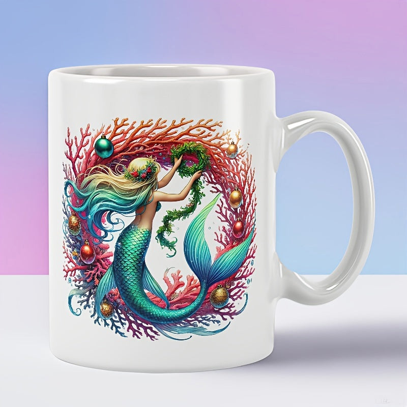 Tailorly White Ceramic 11 oz Mug - Festive Undersea Scene With Mermaid Decorating Pink Coral Using Christmas Mermaid