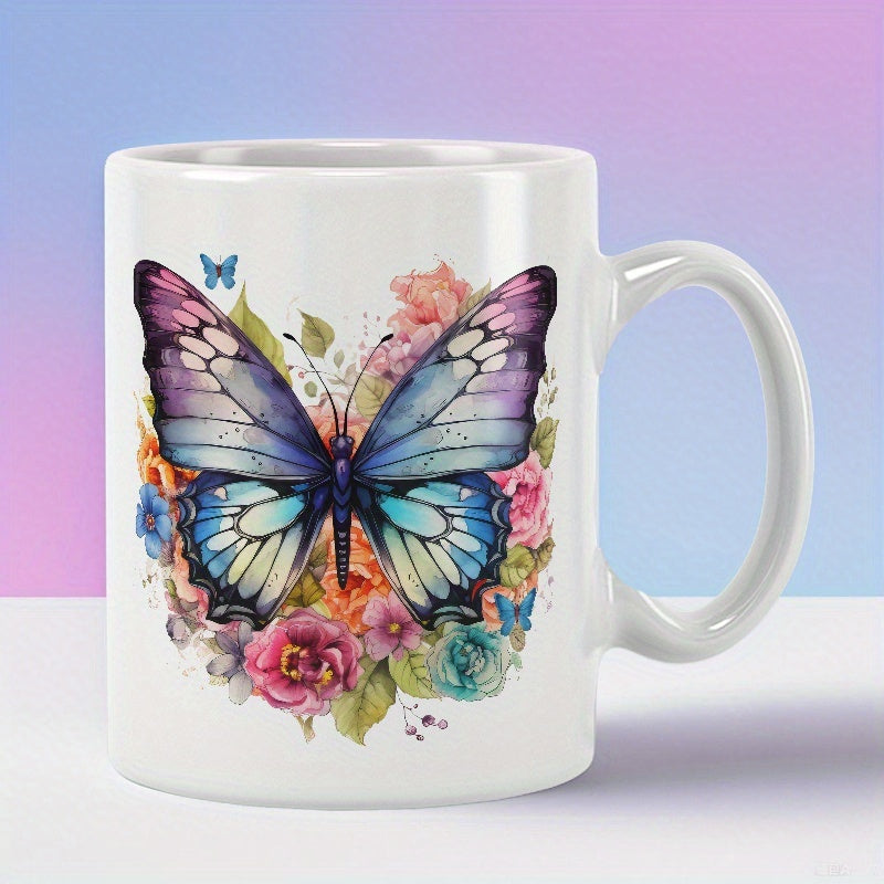 Tailorly White Ceramic 11 oz Mug - Vibrant Purple And Blue Butterfly Resting Among Colorful Blooming Garden Flowers Butterfly
