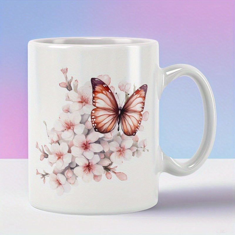 Tailorly White Ceramic 11 oz Mug - Soft Pink Cherry Blossoms With A Detailed Winged Garden Butterfly